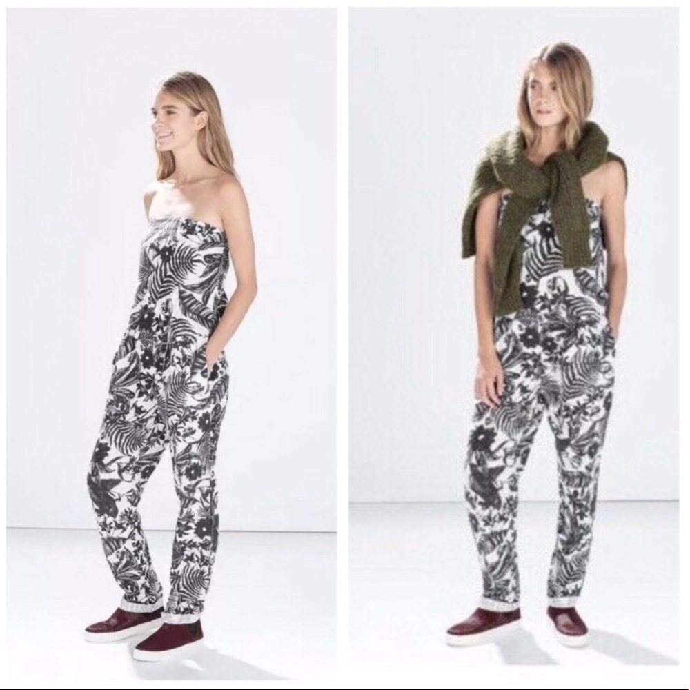 NWOT Zara  Floral Tropical Print Strapless Linen Jumpsuit